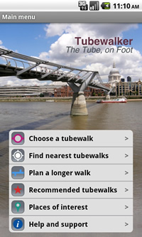 The main menu of the Tubewalker Android application