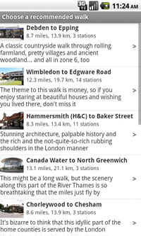 A list of recommended walks in the Tubewalker Android application