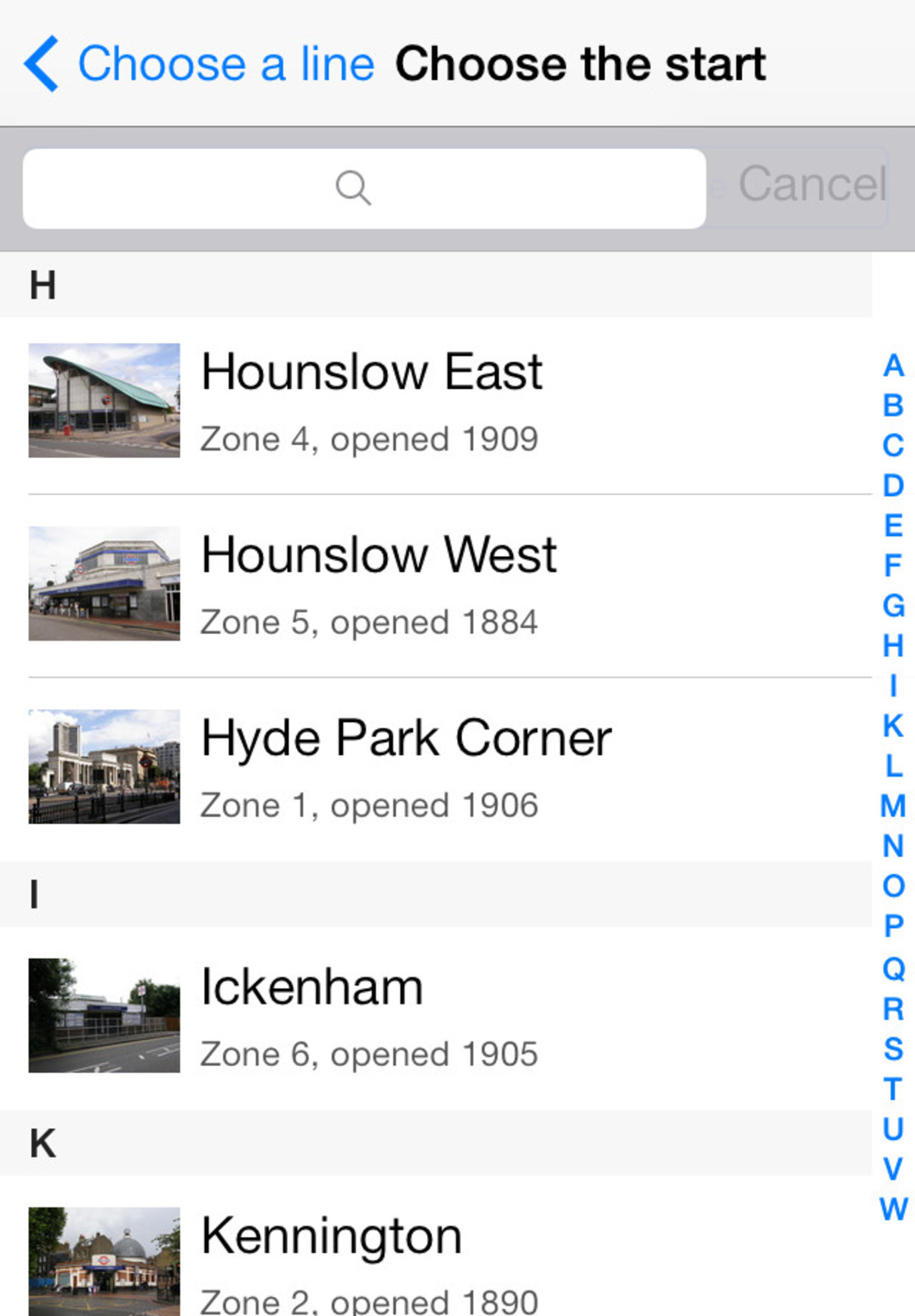 A list of all the Tube stations in the Tubewalker iPhone application