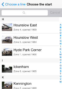 A list of all the Tube stations in the Tubewalker iPhone application