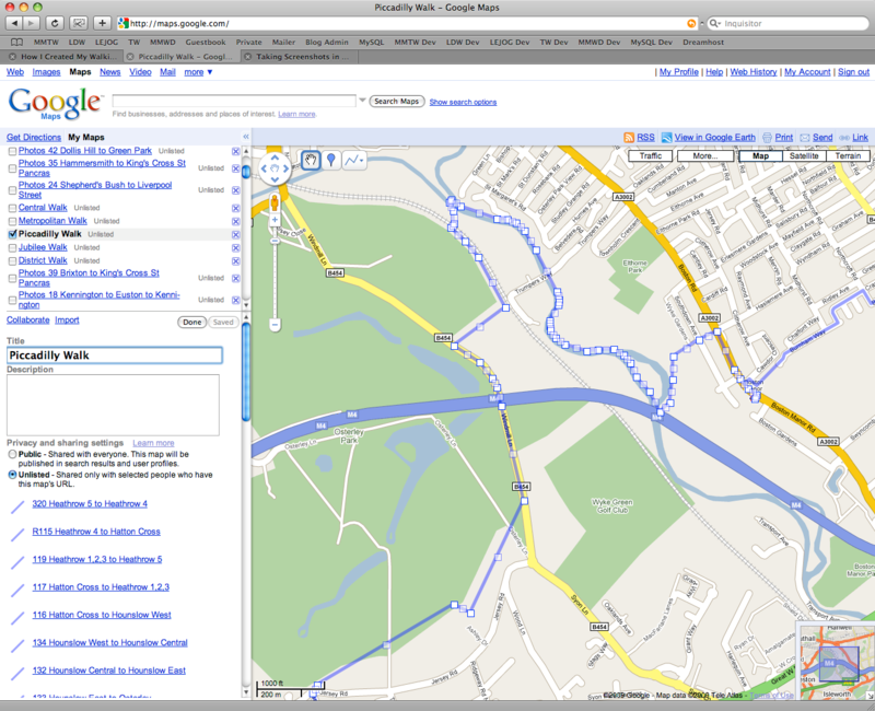 A screenshot showing a walking route being edited in Google My Maps