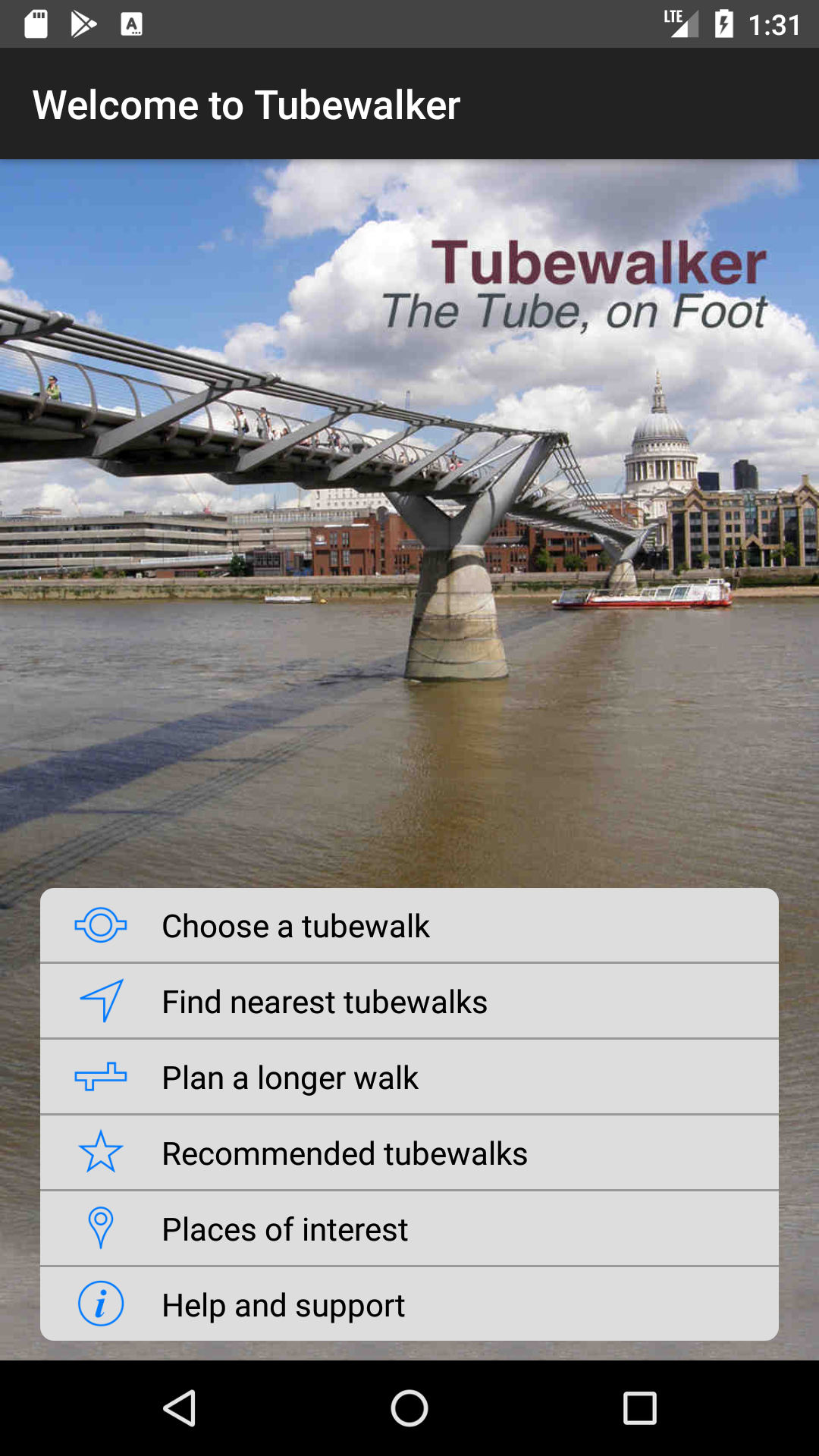 The main menu of the Tubewalker Android application