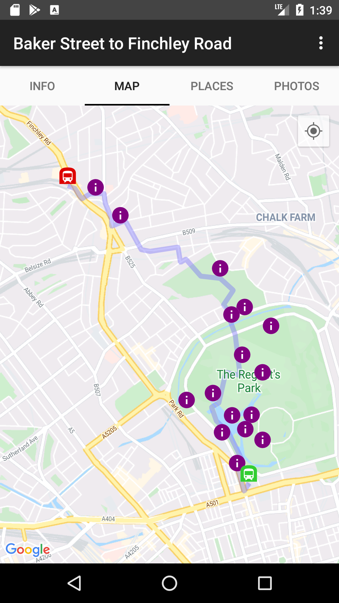 A walk from Baker Street to Finchley Road showing various places of interest; the Places tab has