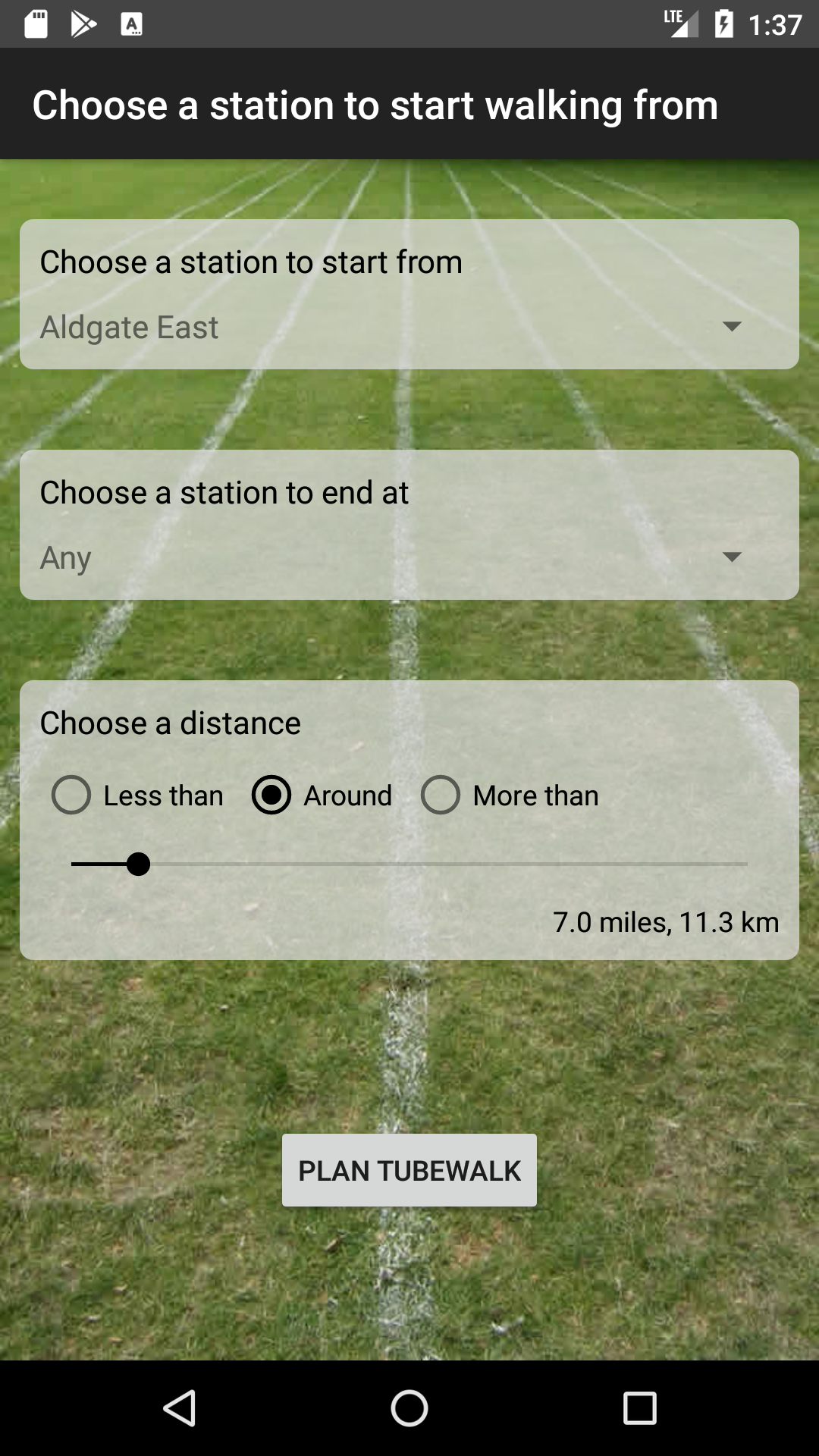 The tubewalk planner in the Tubewalker Android application