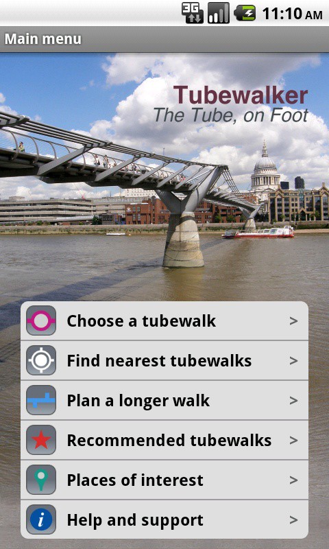 The main menu of the Tubewalker Android application
