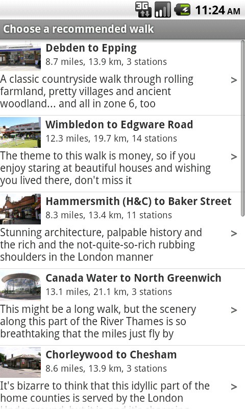 A list of recommended walks in the Tubewalker Android application