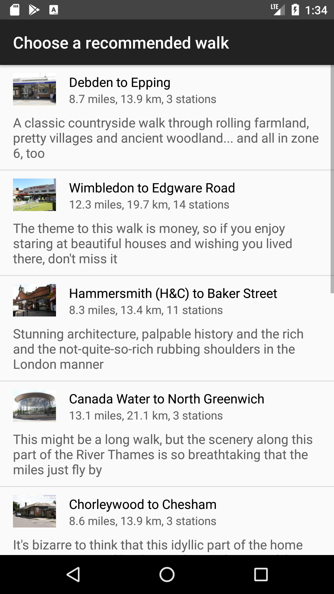 A list of recommended walks in the Tubewalker Android application