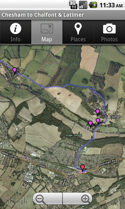 A satellite map in the Tubewalker Android application