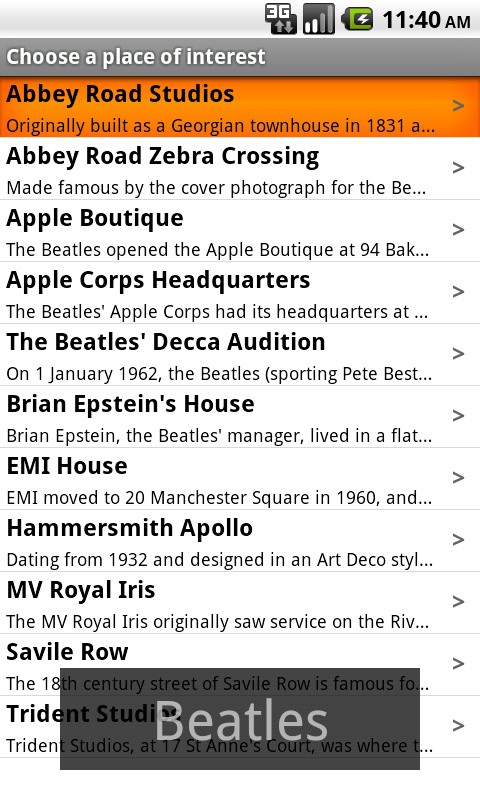 Searching for places of interest in the Tubewalker Android application