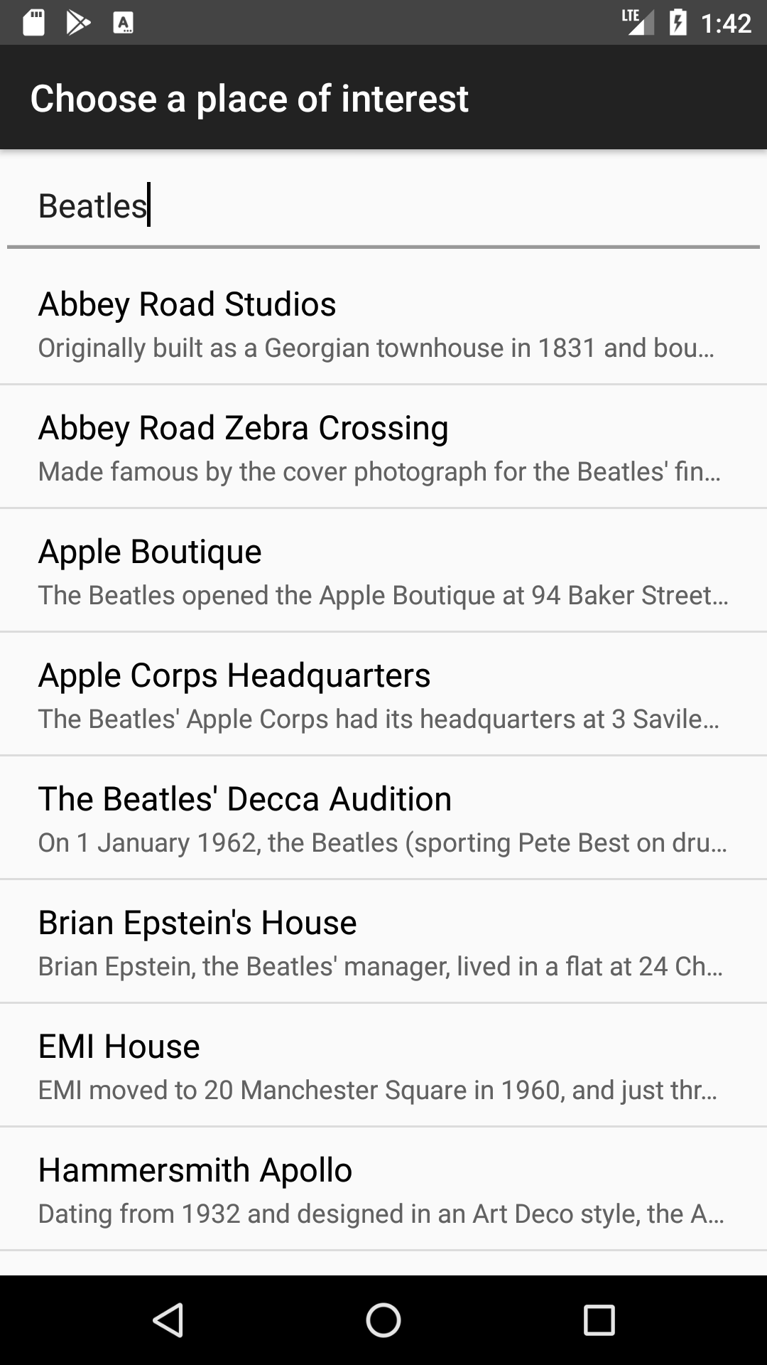 Searching for places of interest in the Tubewalker Android application