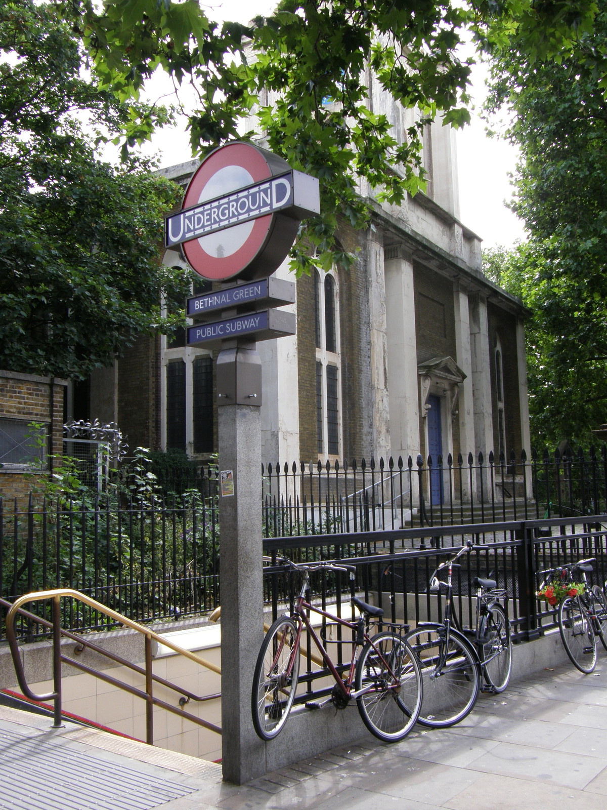 A stairwell leading down to Bethnal Green station