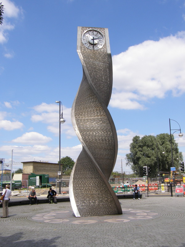 The groovy twisted-steel clock outside Stratford station