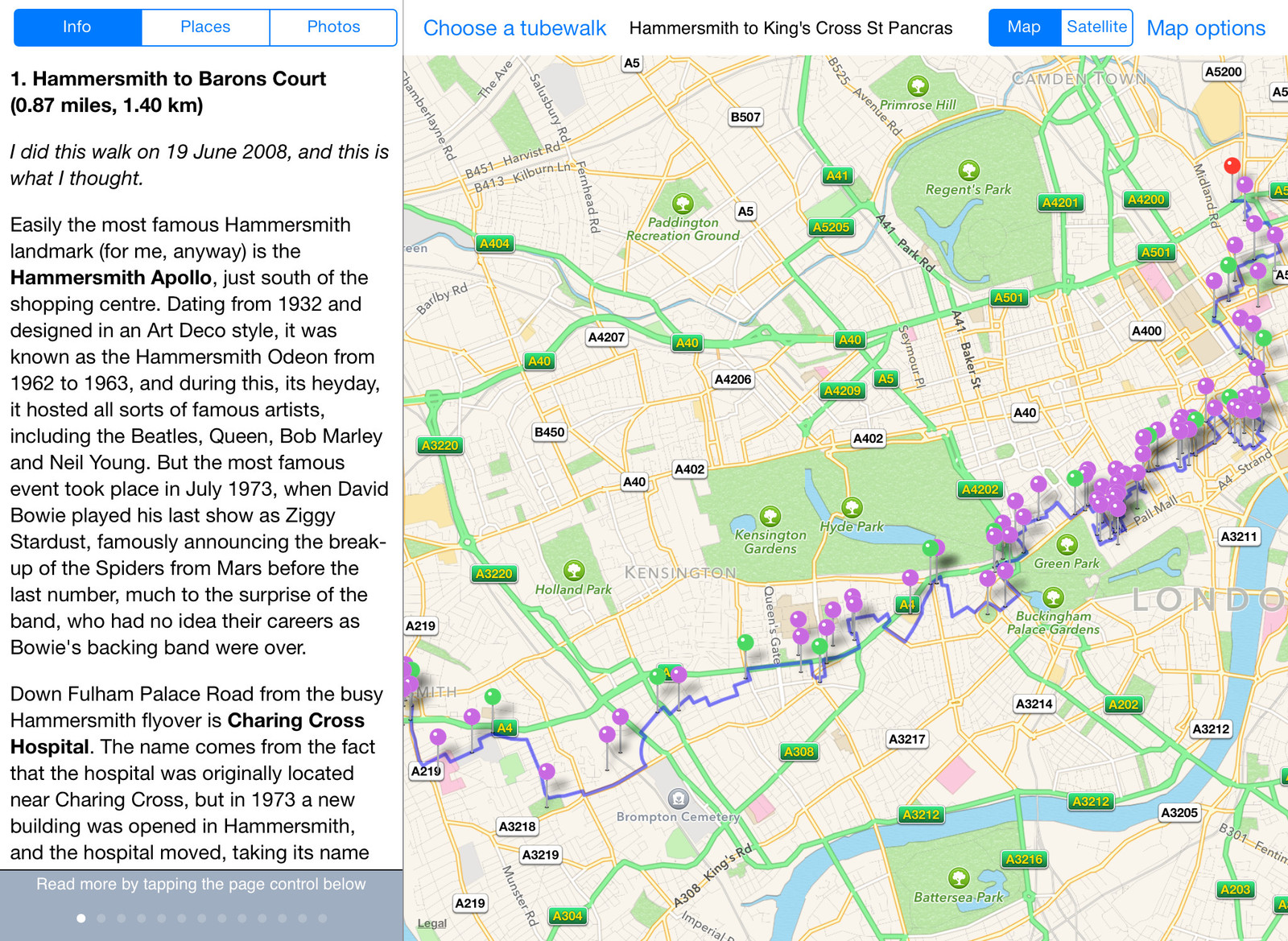 A route map in the Tubewalker iPad application