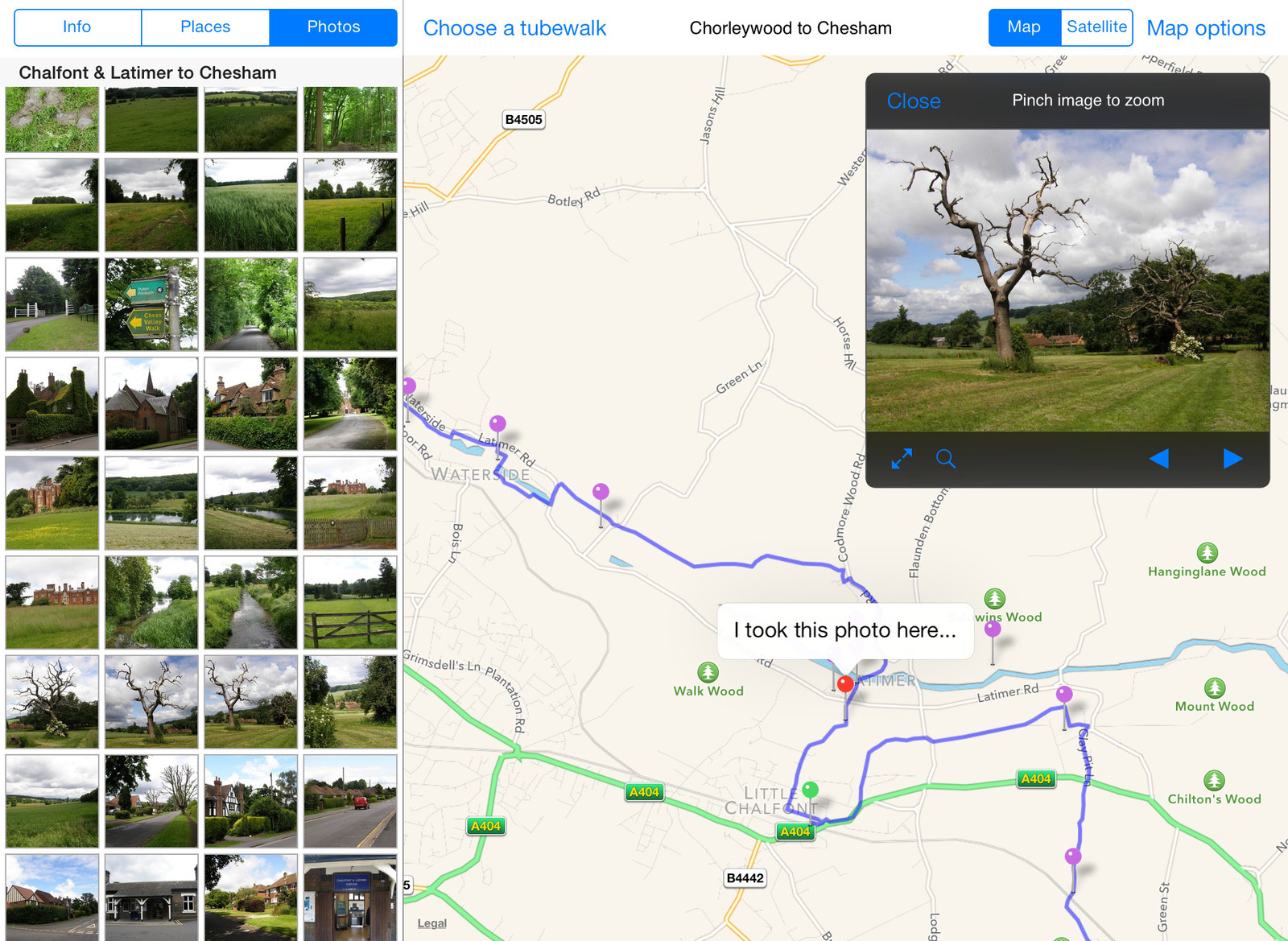 Viewing photos from a walk in the Tubewalker iPad application