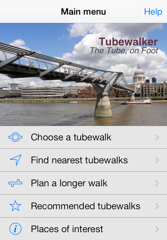 The main menu of the Tubewalker iPhone application