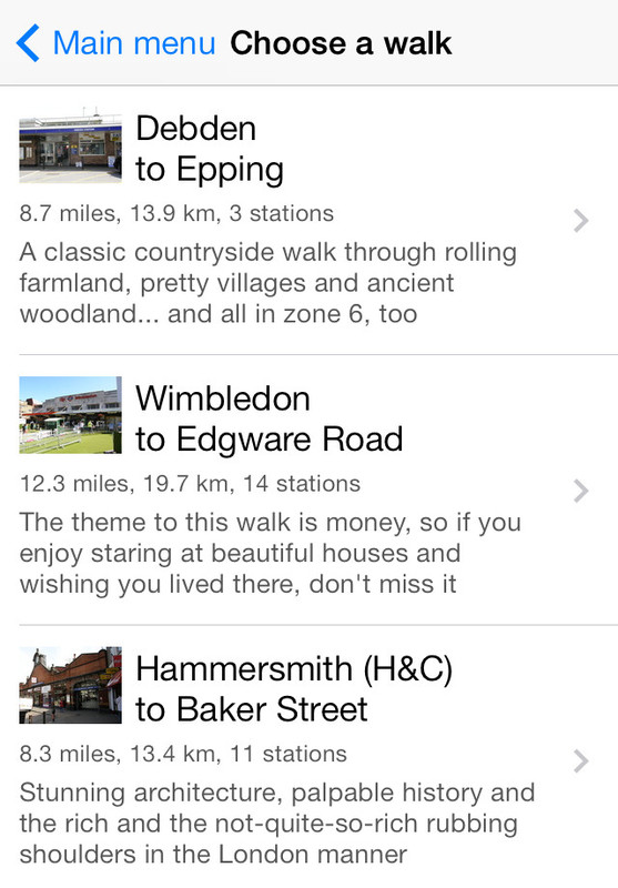 A list of recommended walks in the Tubewalker iPhone application