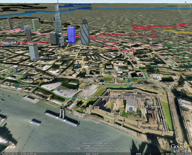 Google Earth showing my tubewalking routes around the Tower of London